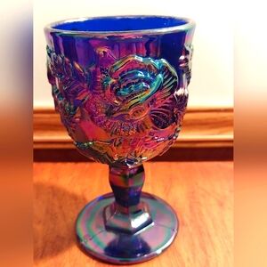 Madonna Inn Goblet Floral Rose Cobalt Blue Luster Carnival Glass Water Goblet